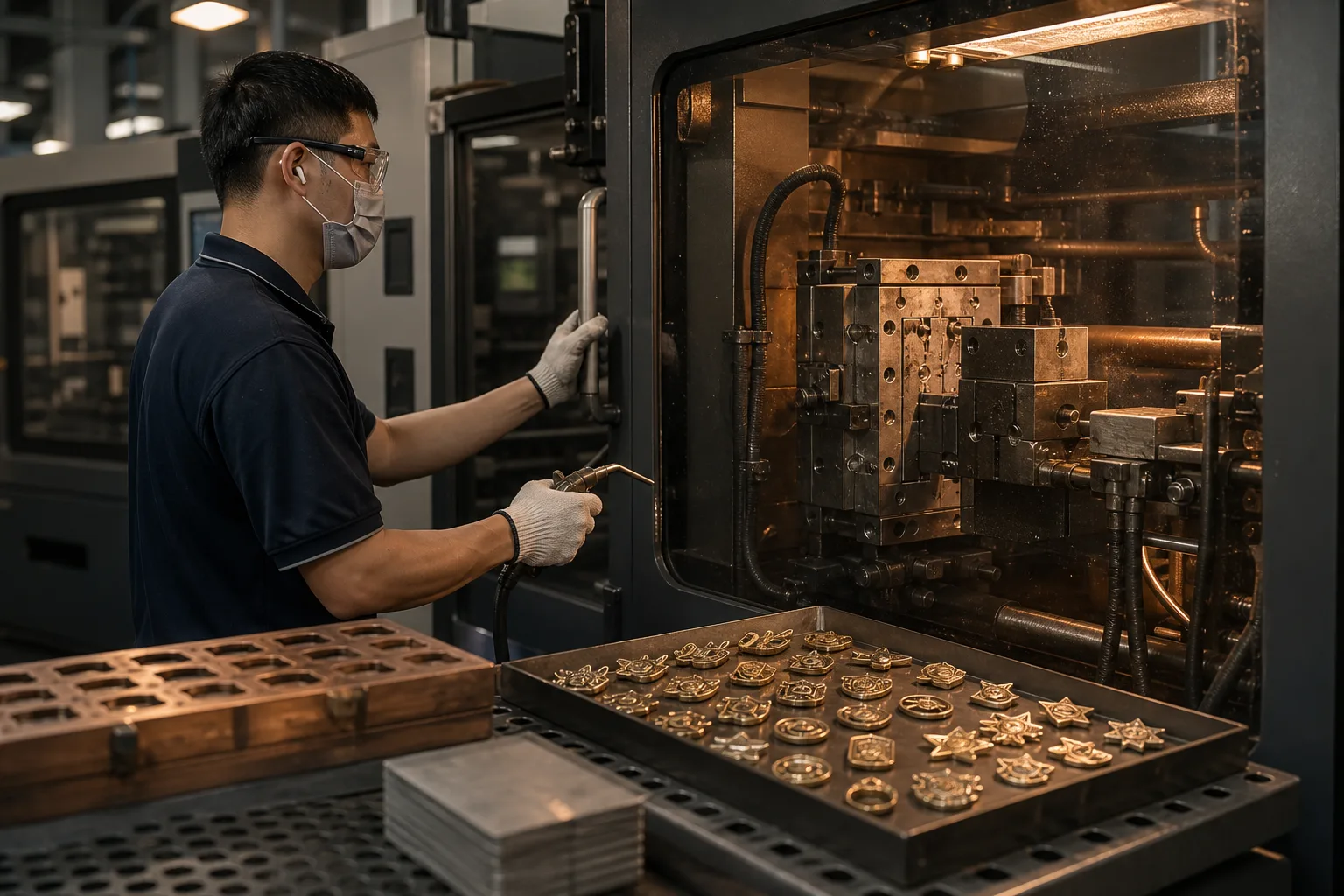 Zinc alloy die-casting operation forming dimensional metal badge components safely