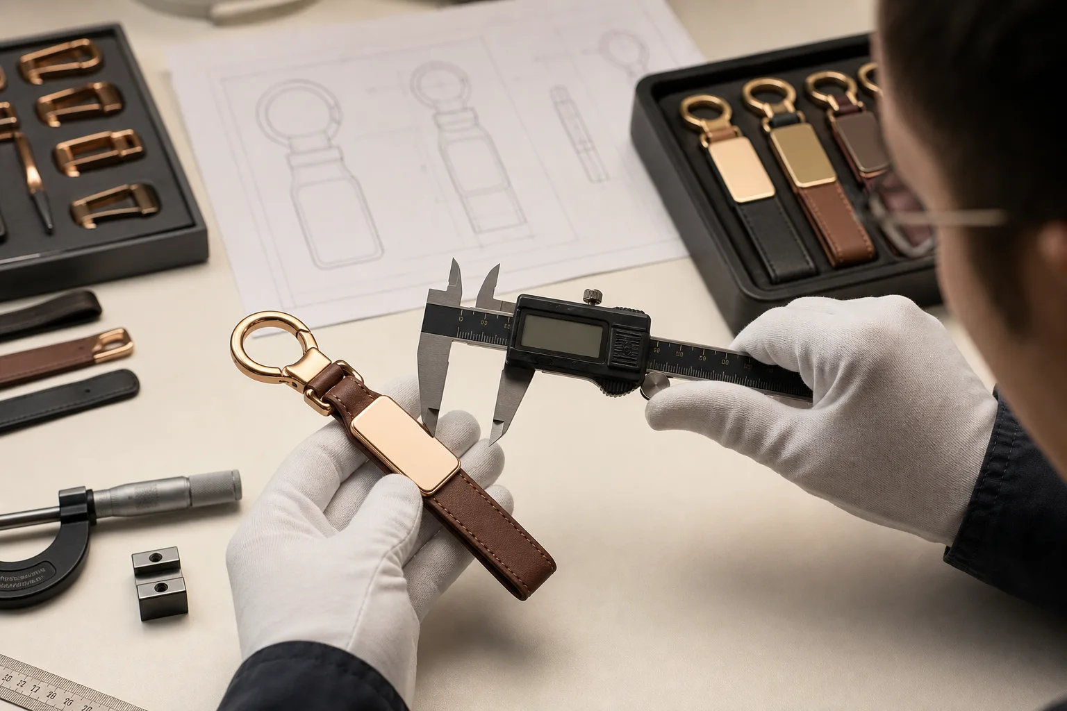 Inspector checking assembled keychain dimensions, alignment, finish, and component orientation