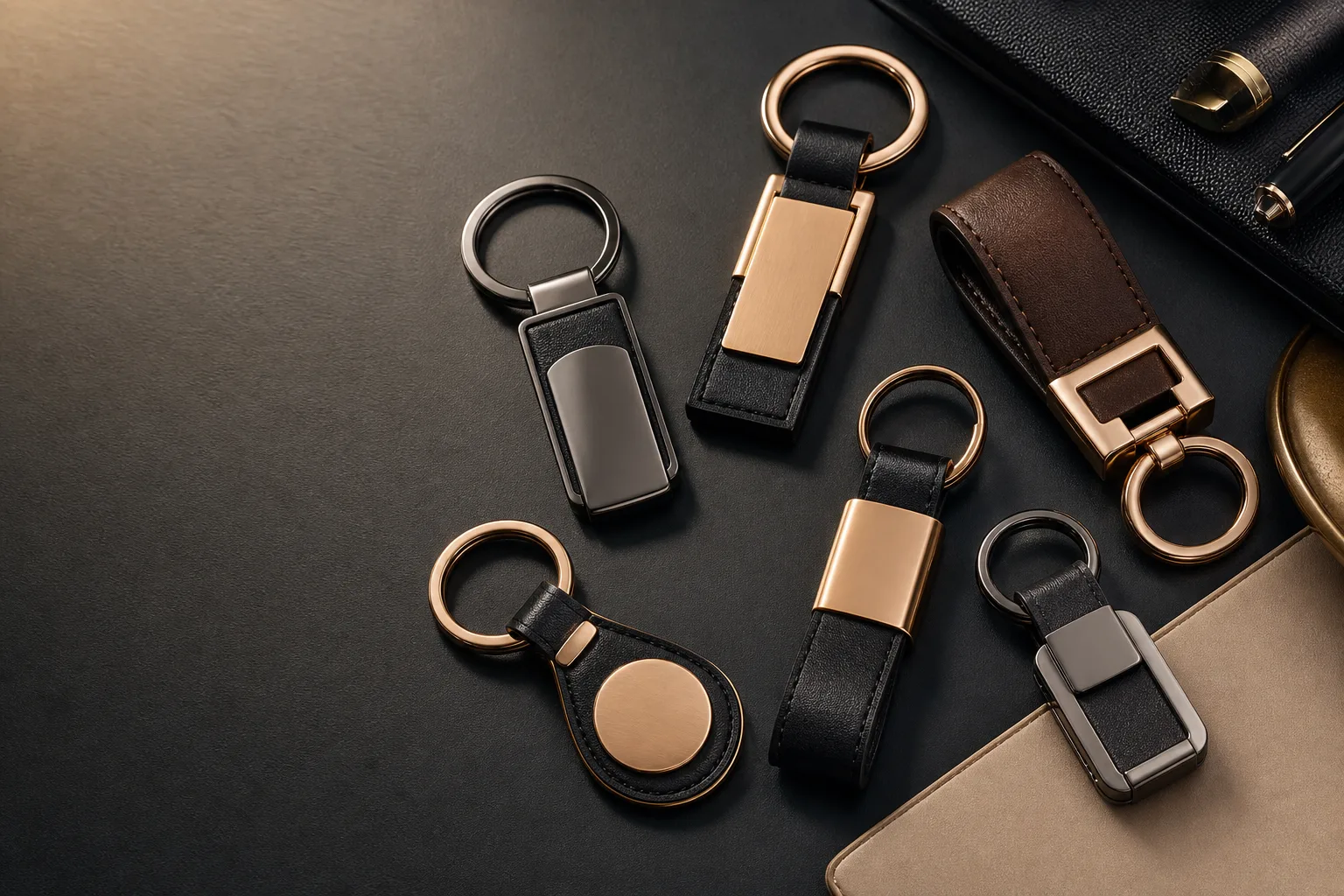 Custom leather and metal keychains arranged for a premium B2B product presentation