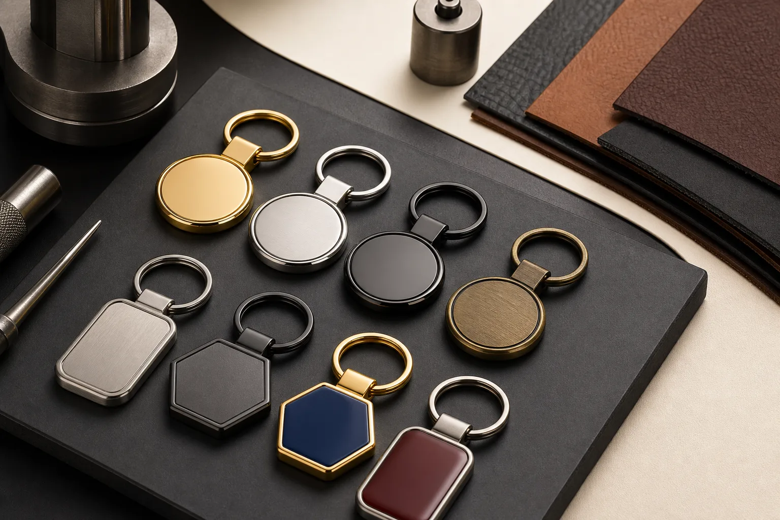 Metal keychain emblem samples comparing plating, enamel, printing, and surface finishes