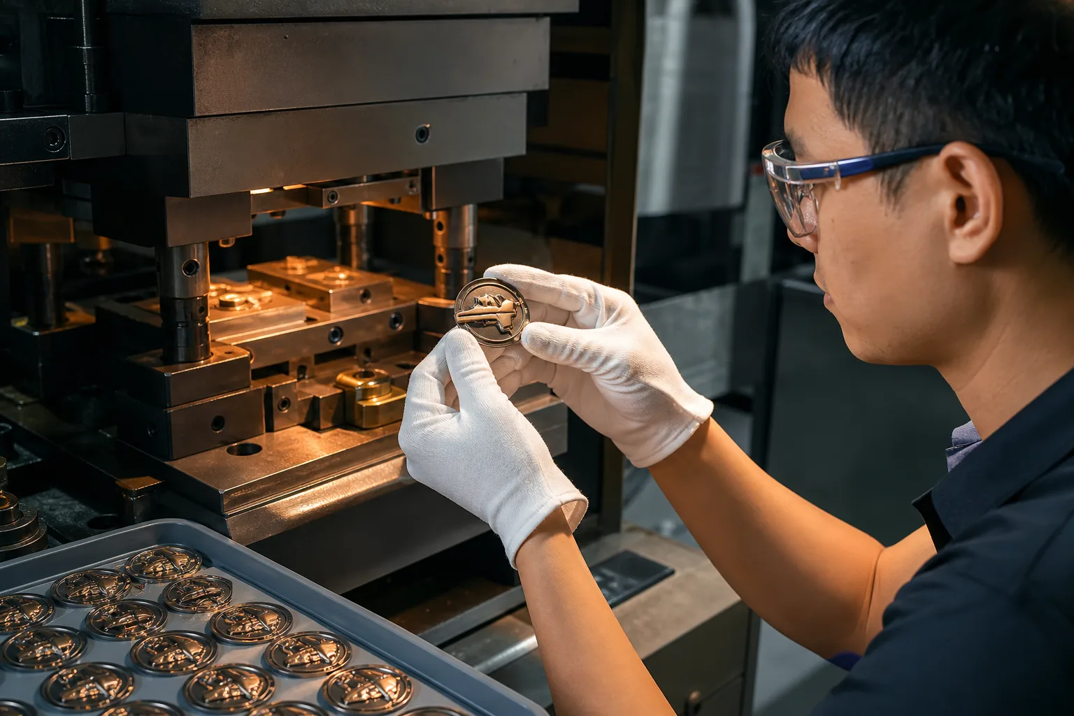 Operator inspecting a formed metal keychain emblem beside guarded production tooling