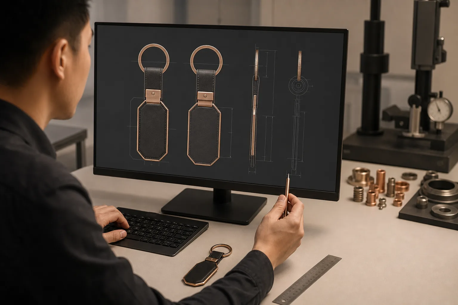 Engineer reviewing leather area, metal emblem placement, and keychain connection points