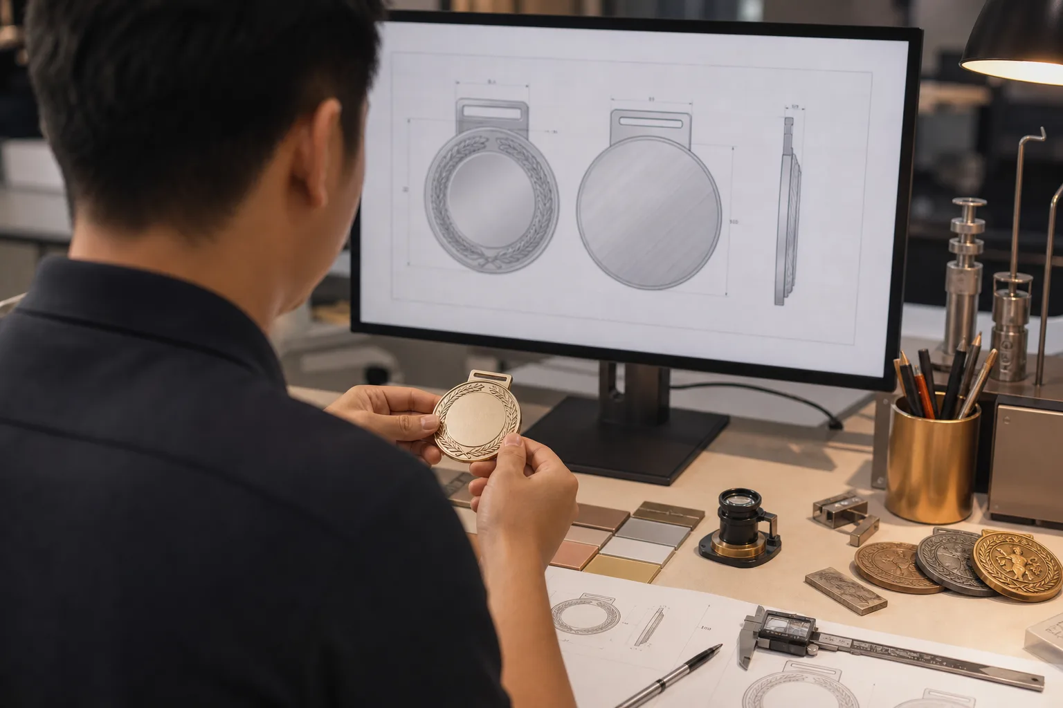 Designer reviewing dimensional medal artwork beside a blank metal prototype