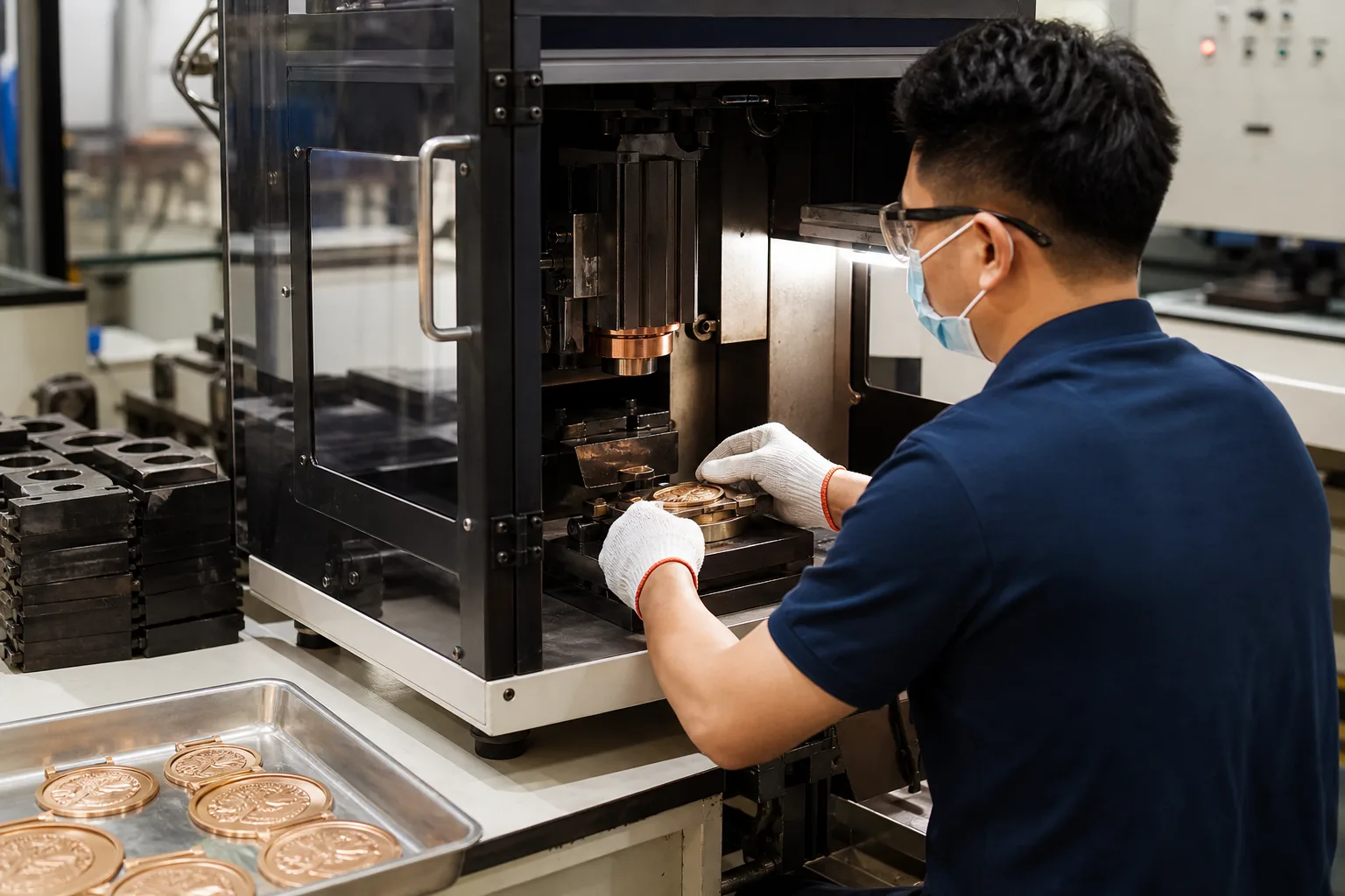 Technician operating guarded forming equipment for dimensional metal medal production