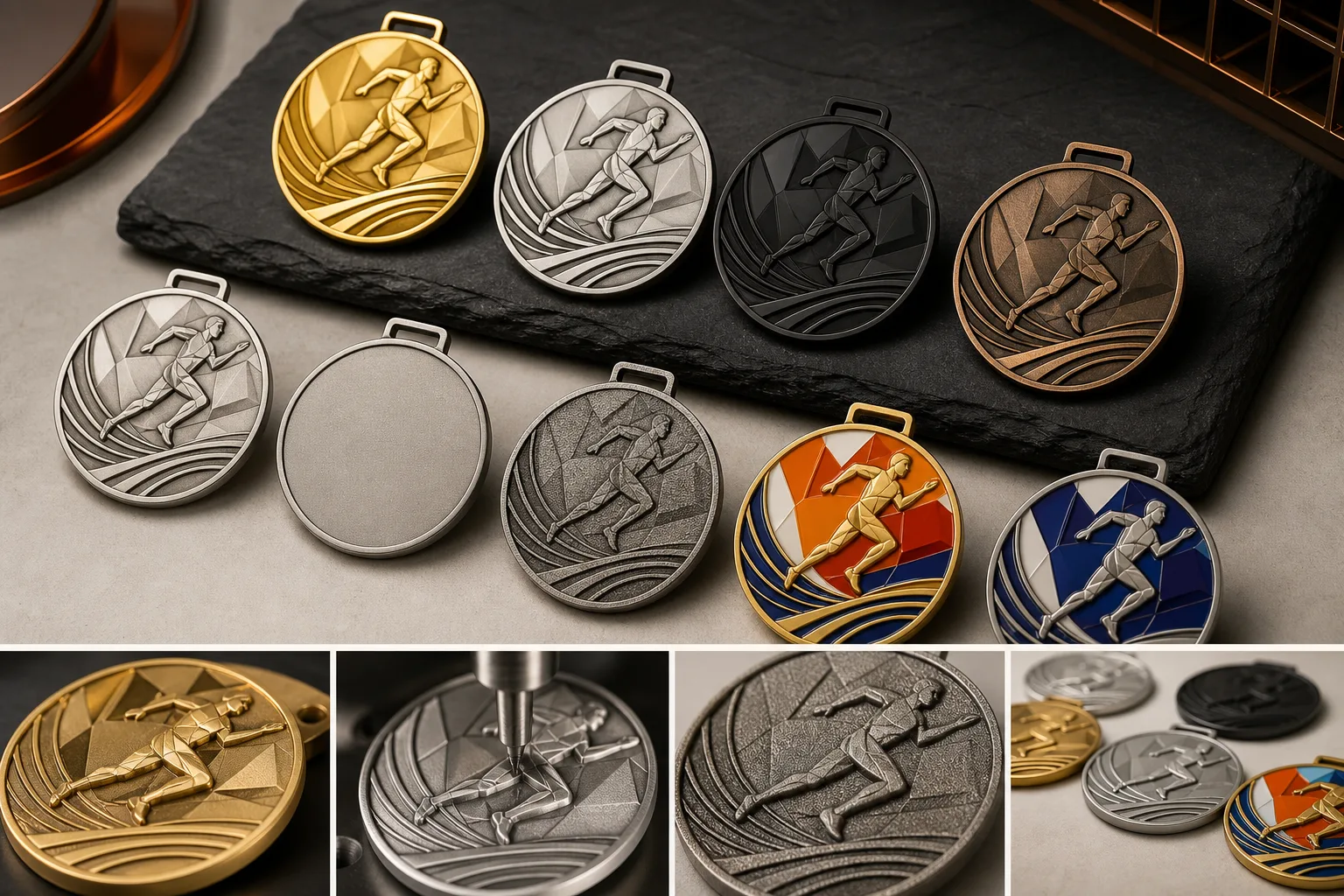Assorted medal plating and enamel finishes displayed under controlled studio lighting