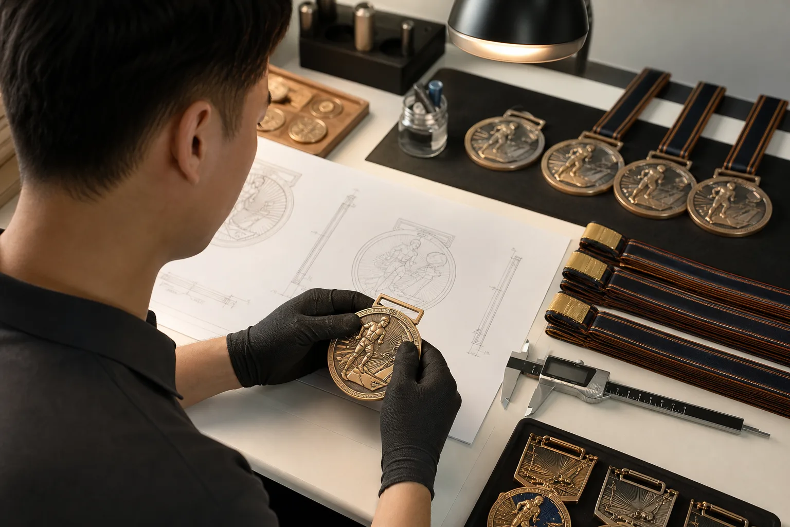 Inspector comparing finished race medals against an approved dimensional drawing