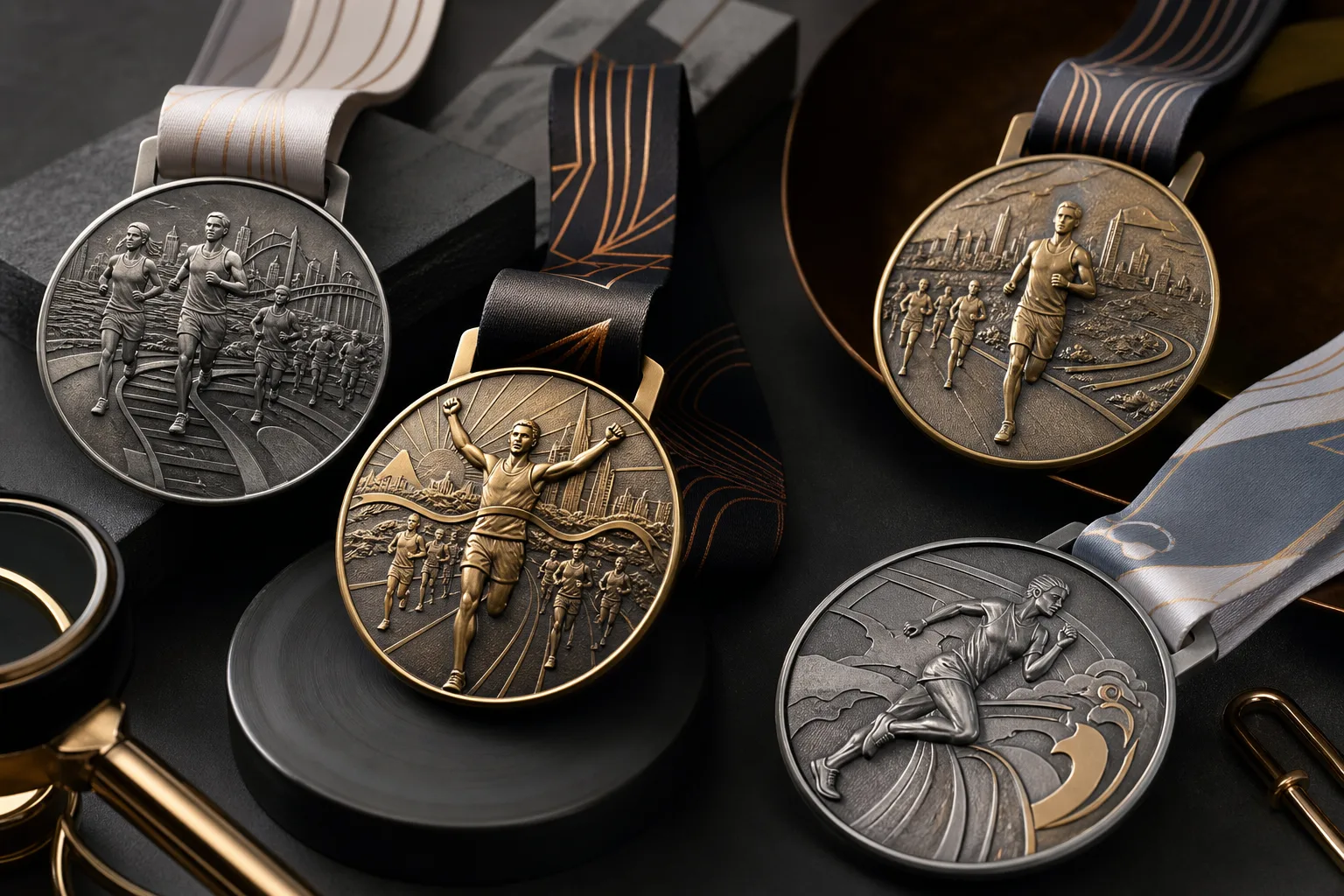 Custom marathon medals with coordinated ribbons arranged for running event sourcing