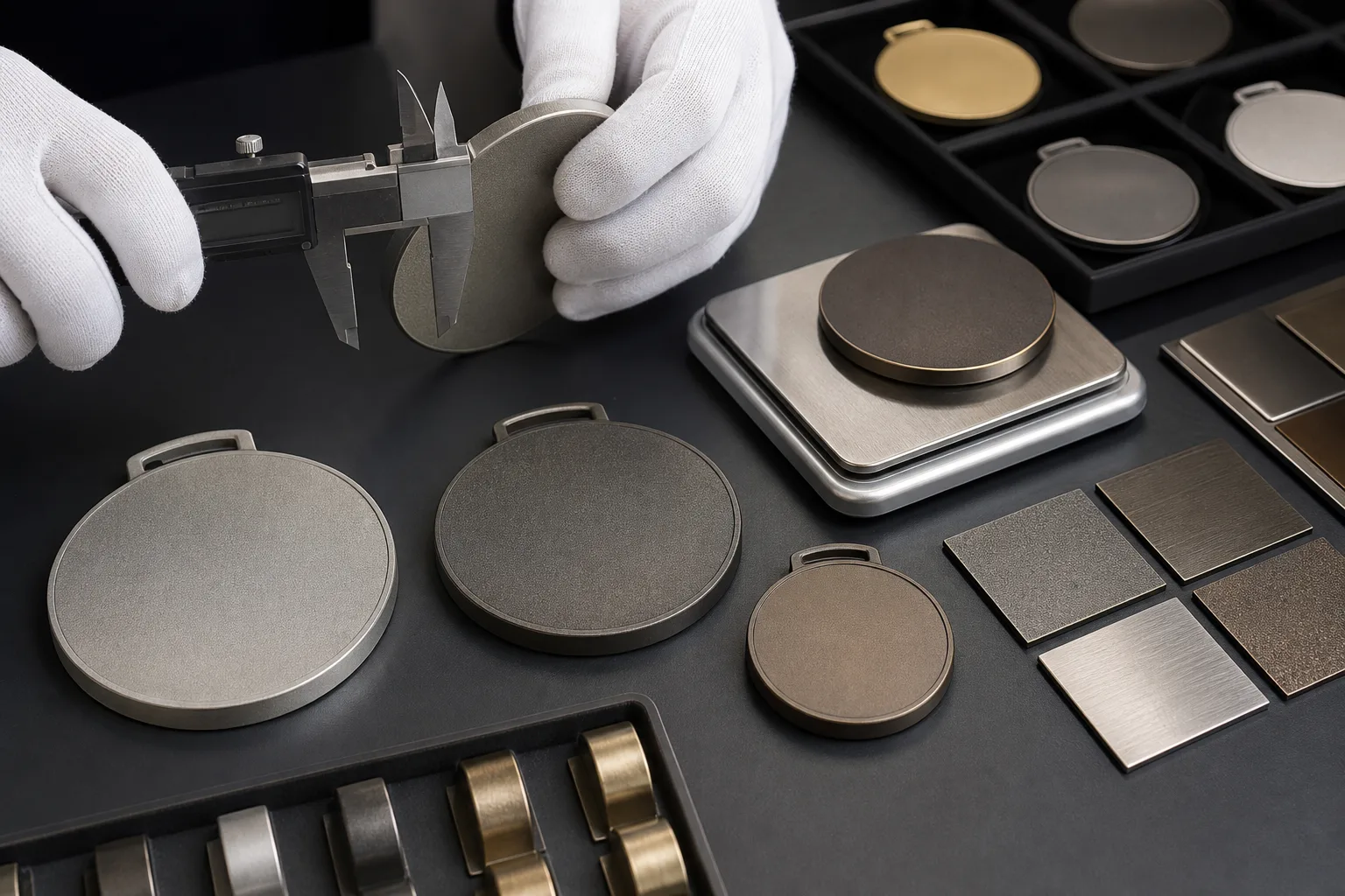 Plain medal blanks being checked with a caliper and precision scale