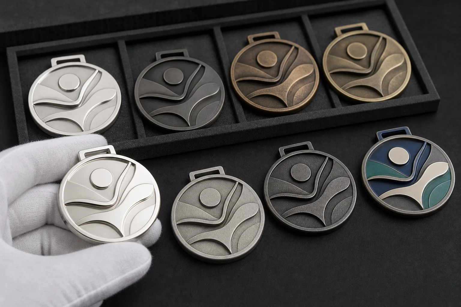 Custom medal samples showing plating, matte texture, antique contrast, and color decoration