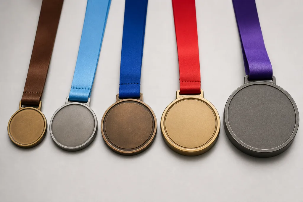 Five custom medal sizes showing increasing diameter and nominal body thickness