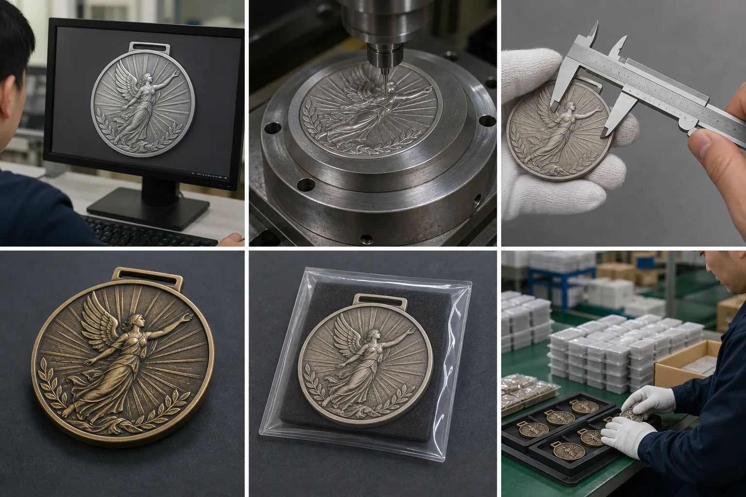 Custom medal artwork, tooling, first-article inspection, sample, and packaging workflow