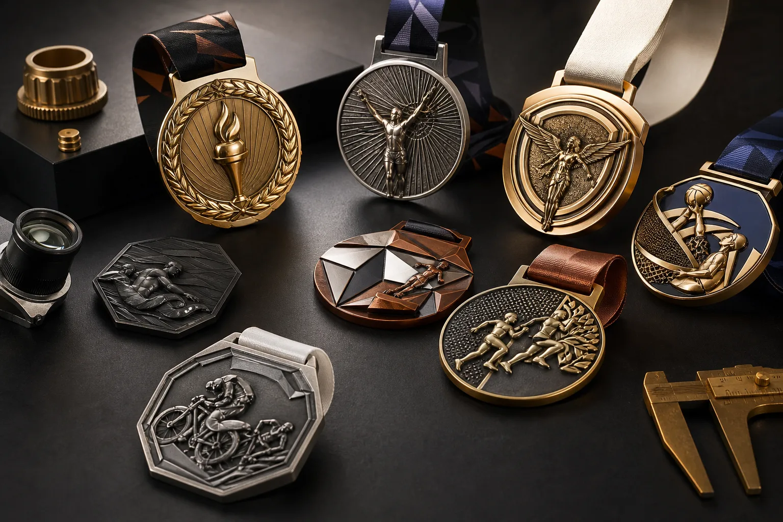 Premium custom medals displaying varied structures, metal finishes, enamel details and event ribbons