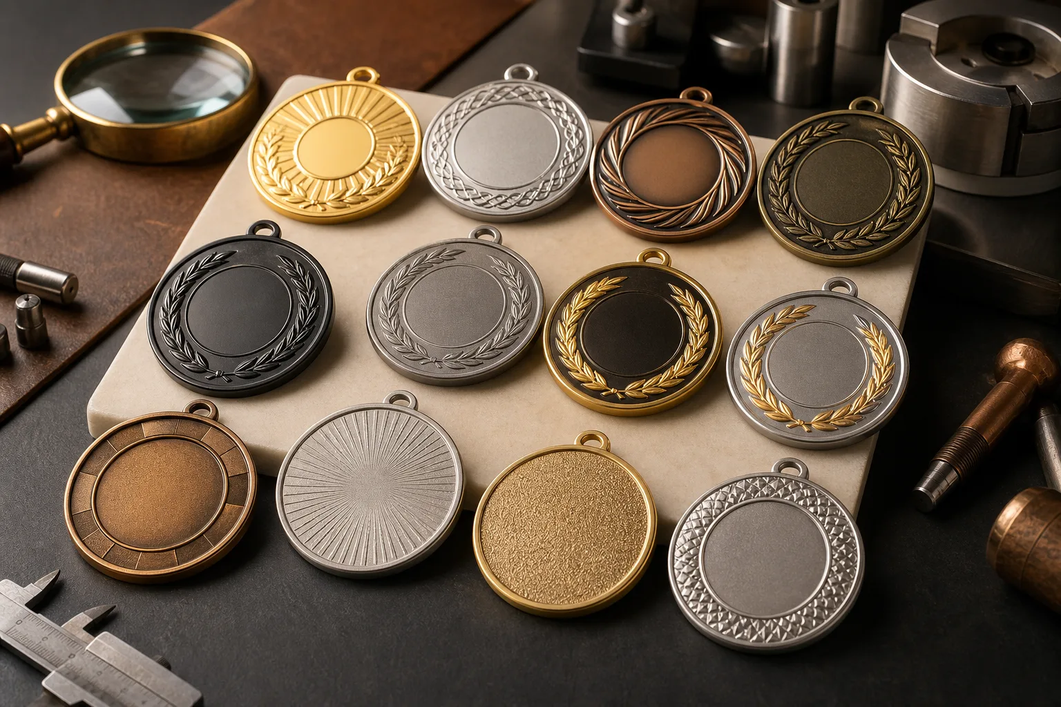 Medal samples showing enamel, printed decoration, plating tones and contrasting surface textures