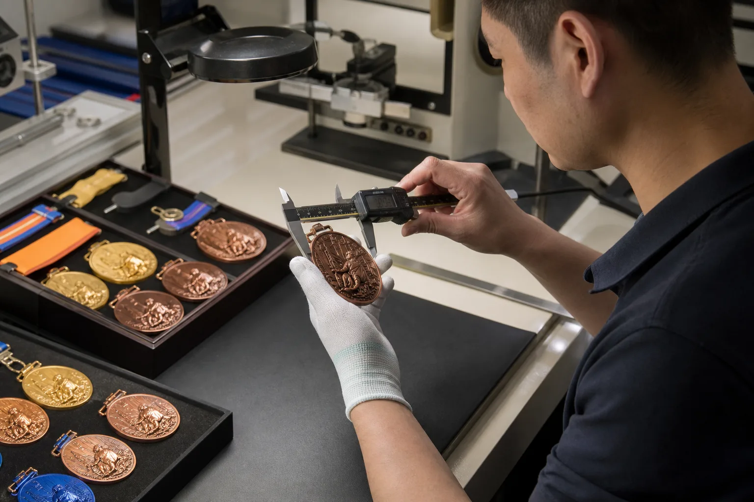 Quality inspector checking medal dimensions, relief, plating surface and ribbon connection
