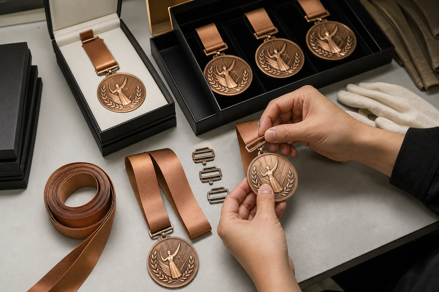 Finished medal with coordinated ribbon, attachment hardware and individual presentation packaging