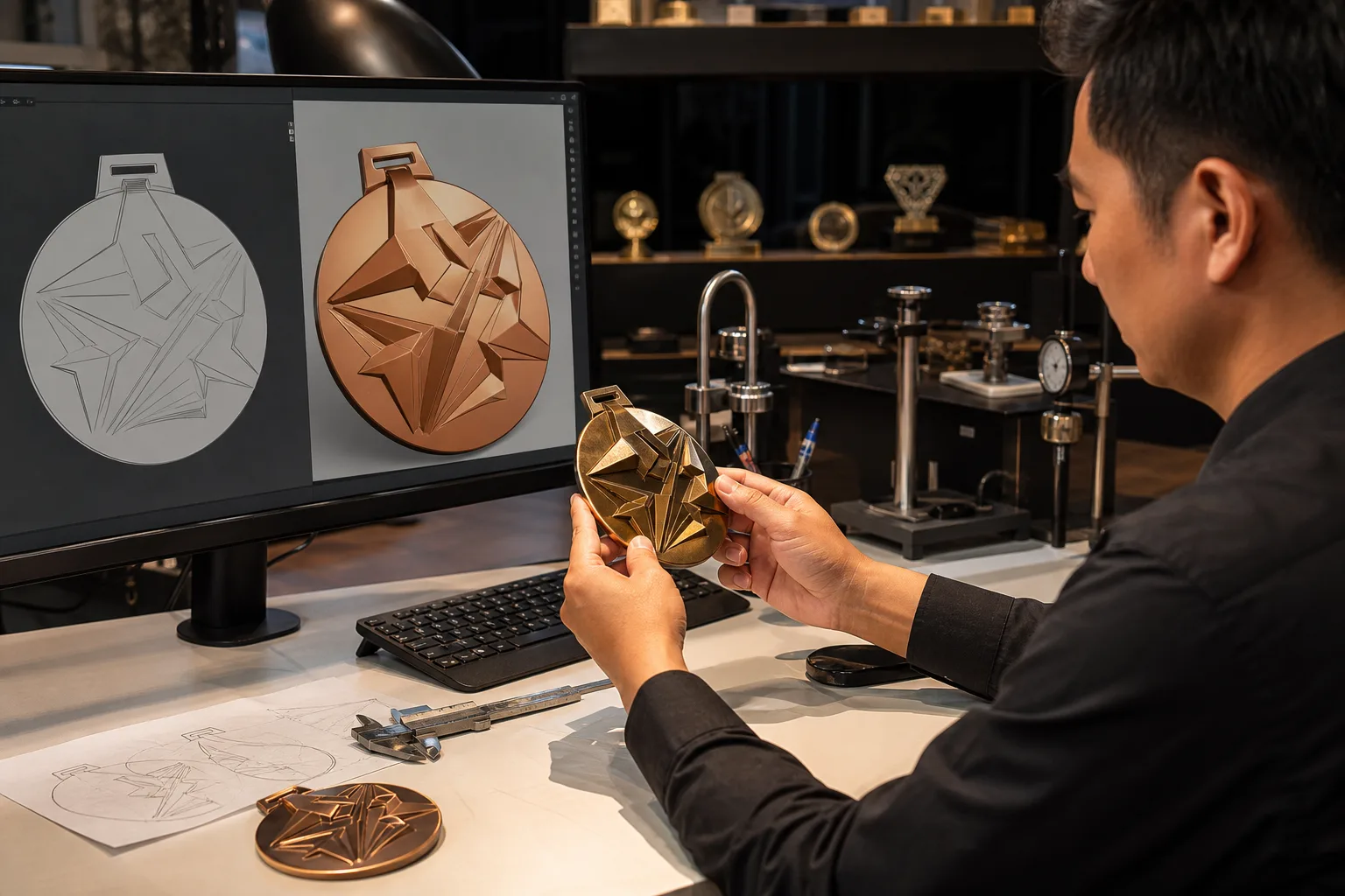 Engineer reviewing digital relief artwork beside a matching custom metal sample