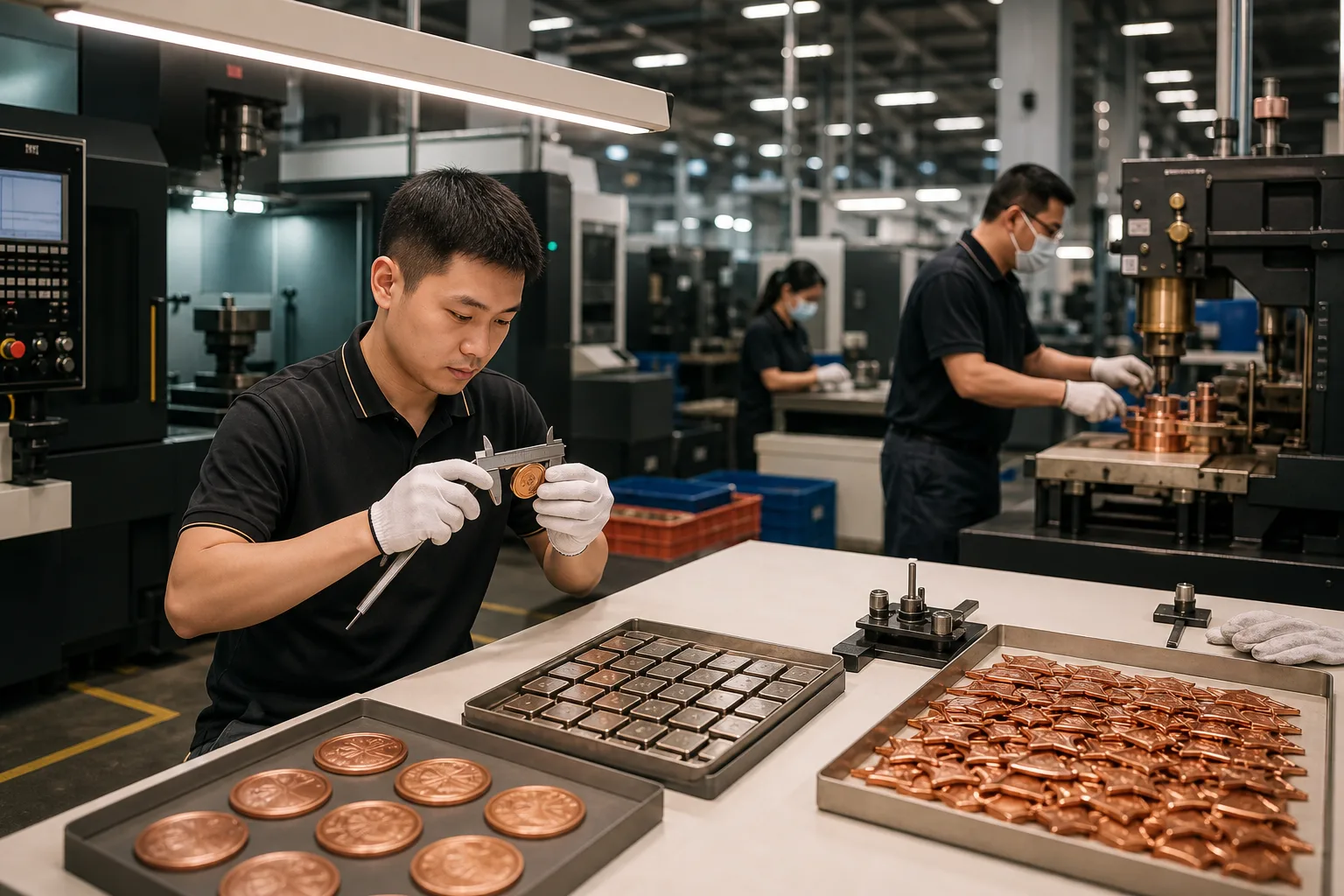 Factory inspector checking custom metal components beside organized production equipment