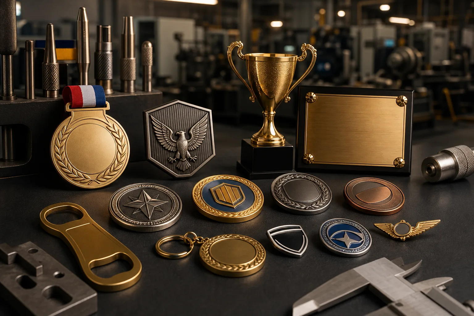 Assorted custom medals, coins, pins, trophies and promotional metal products