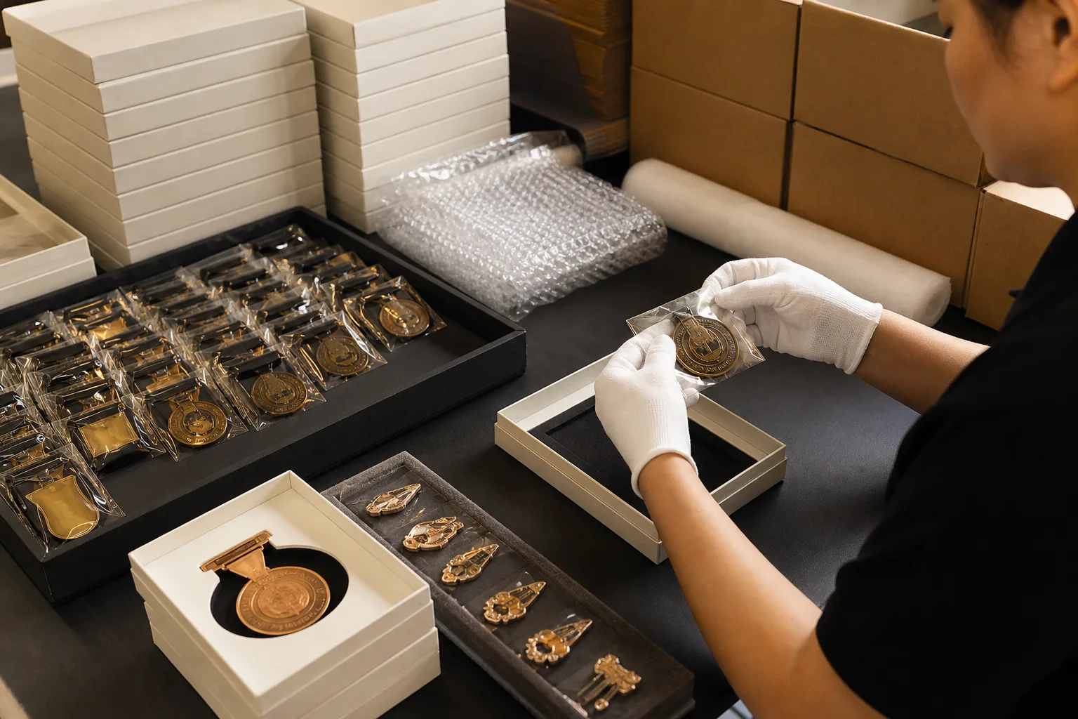 Worker packing custom medals and coins into protective bags and presentation boxes