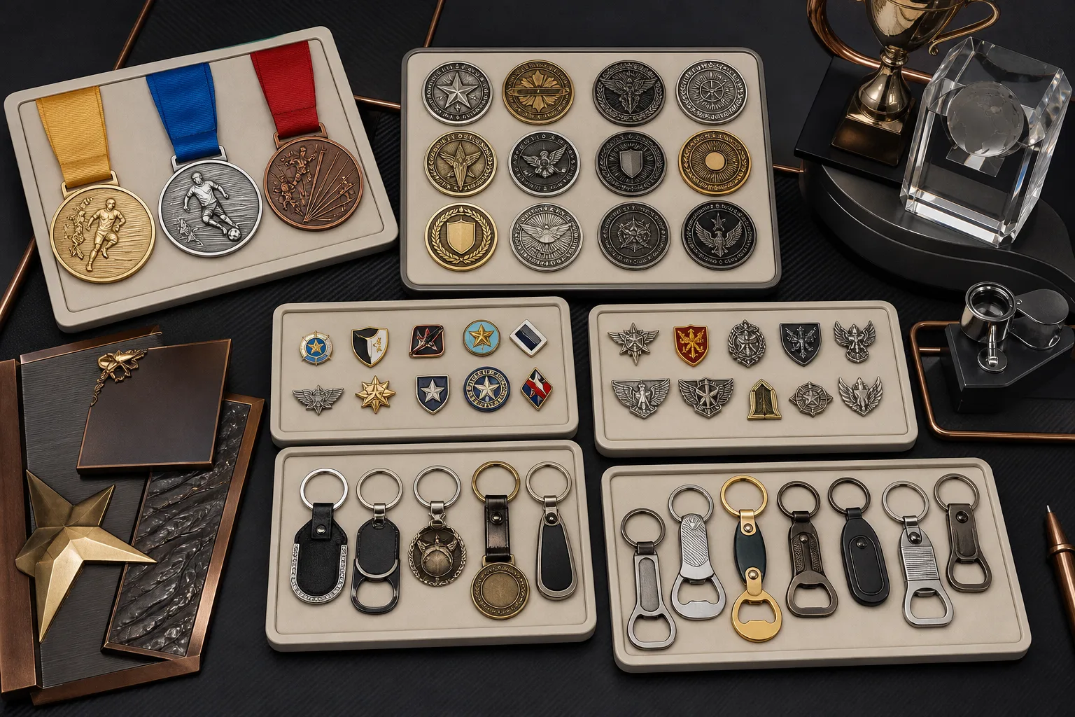 Custom medals, coins, pins, plaques, keychains and openers grouped by product family