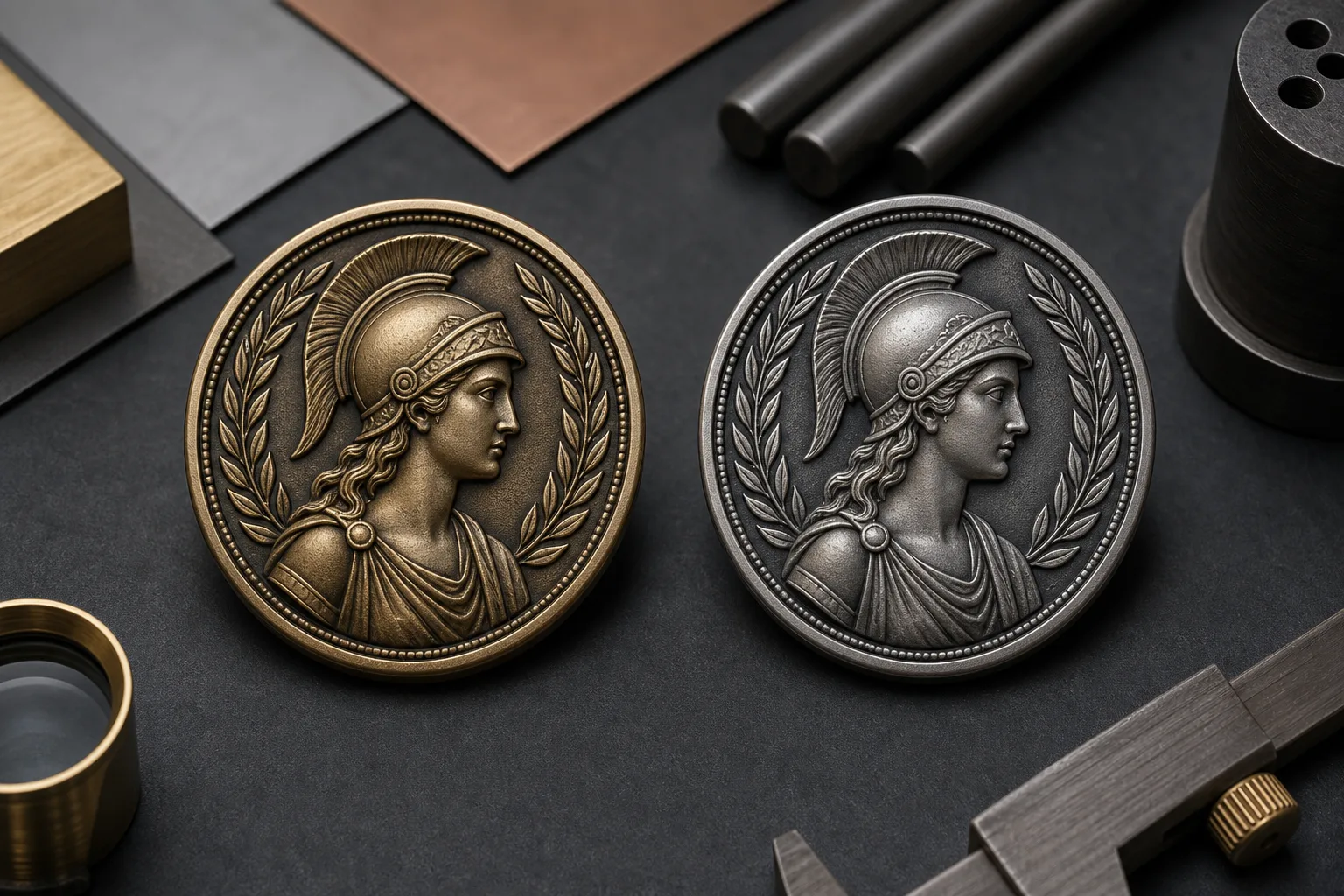 Antique bronze and antique silver relief samples reveal warm and cool character