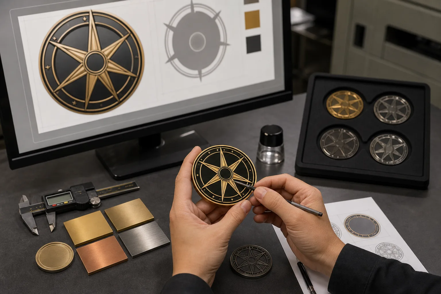 Dual-plated challenge coin reviewed beside artwork with clearly separated metal regions