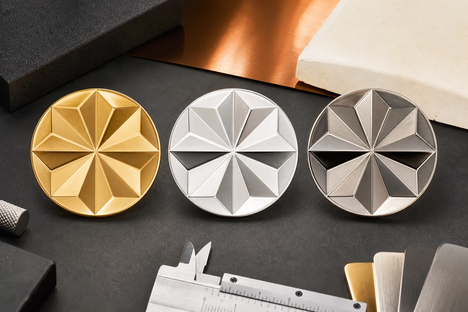 Gold, silver, and nickel plated medallions compared under consistent studio lighting