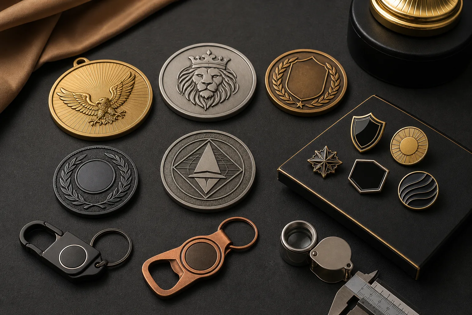 Custom metal finish guide samples showing varied plating colors, reflection, and relief