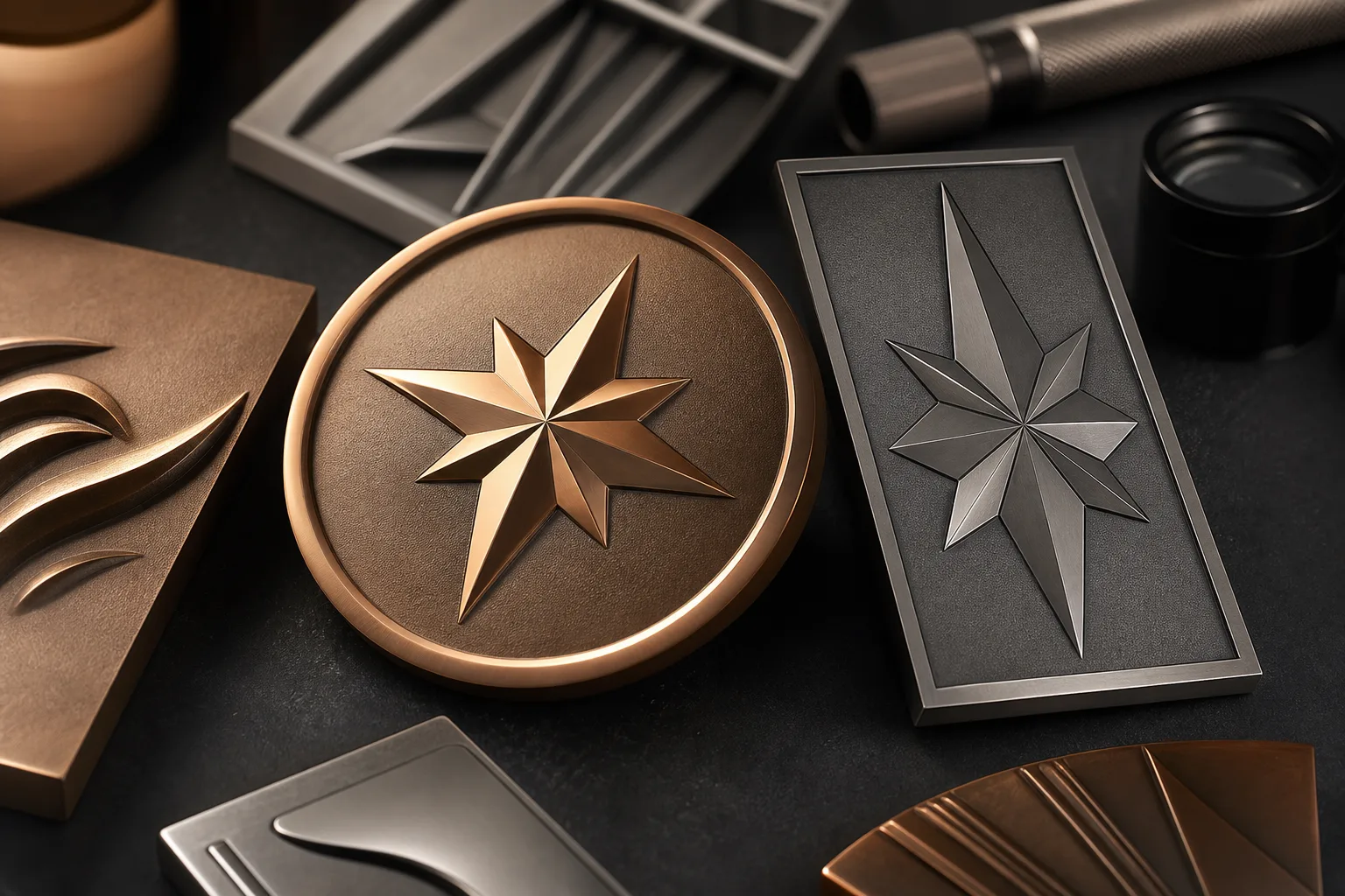 Polished relief stands against sandblasted and matte low-reflection metal fields