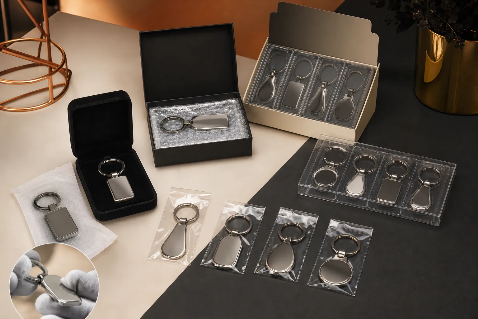 Individually packed metal keychains arranged with bulk and presentation packaging options