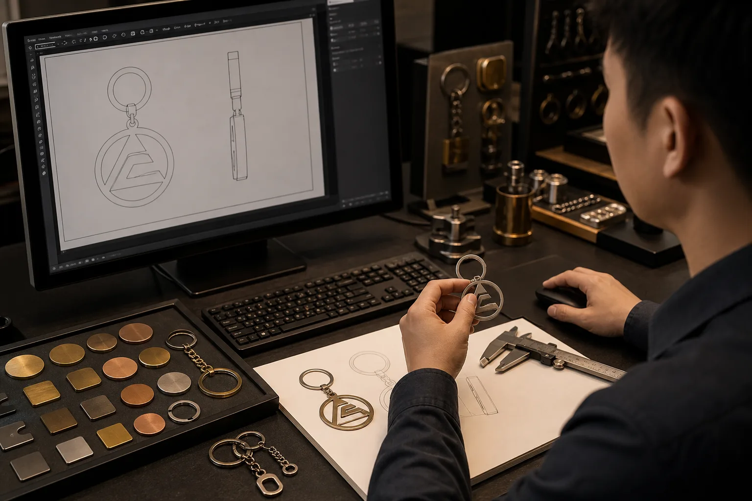Engineer reviewing blank logo-shaped keychain proofs beside dimensional metal samples