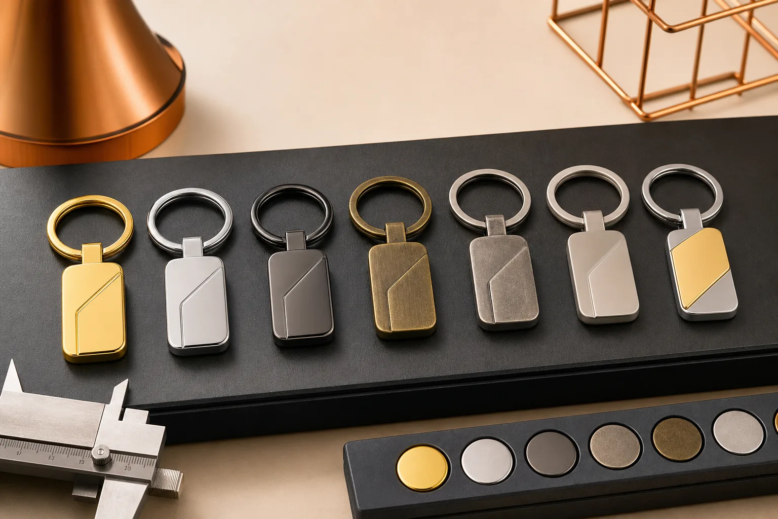 Metal keychain finish samples showing bright, dark, antique, and dual plating