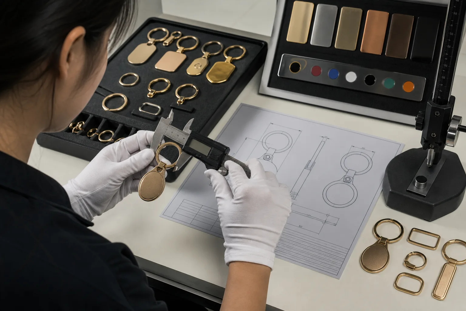 Inspector comparing a finished metal keychain against its dimensional artwork proof
