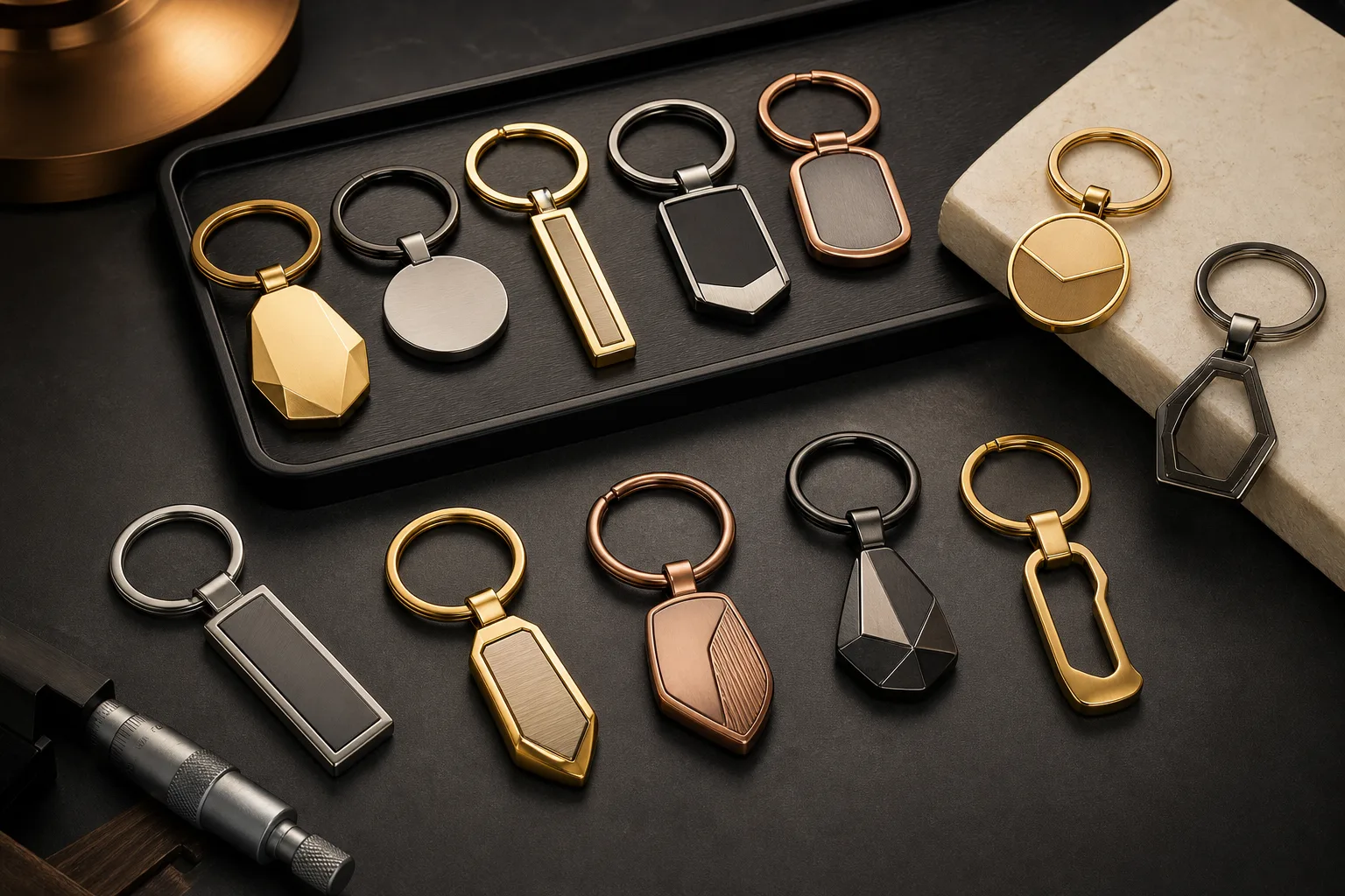 Assorted custom metal keychains with varied plating, enamel, and keyring attachments