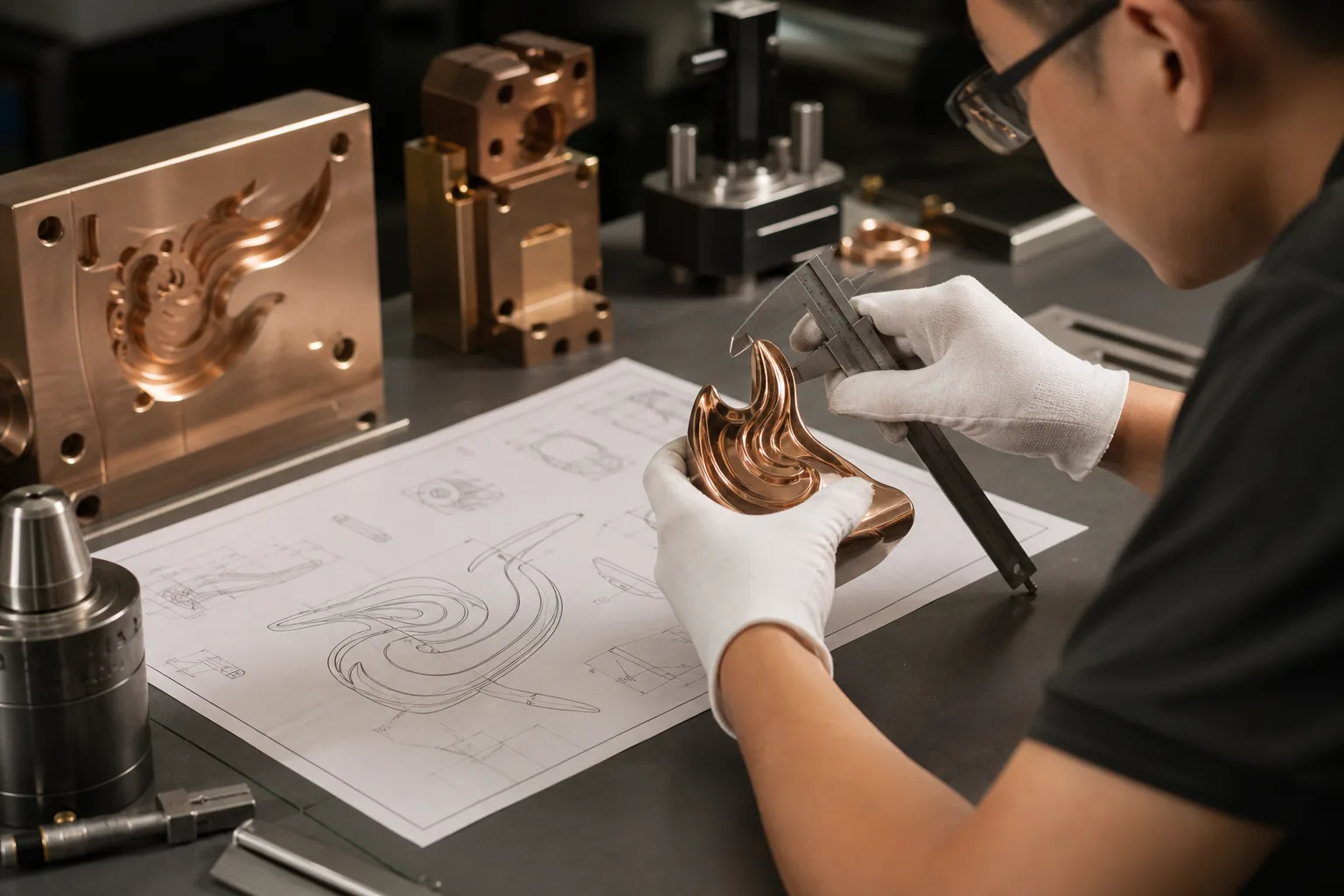 Inspector comparing a trial-formed metal part with its approved drawing at full scale