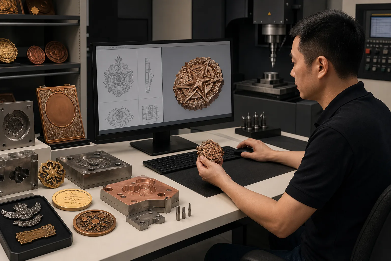 Engineer reviewing product dimensions, relief geometry and component relationships before mold development