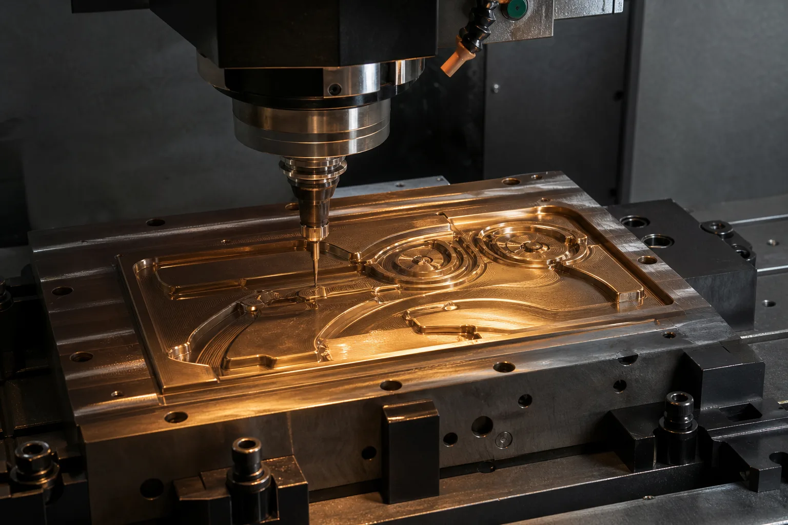 CNC engraving machine developing raised recessed and relief features in a metal mold