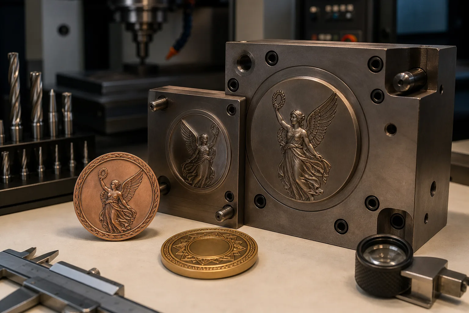 Custom metal mold and trial-formed award parts showing CNC engraving production tooling