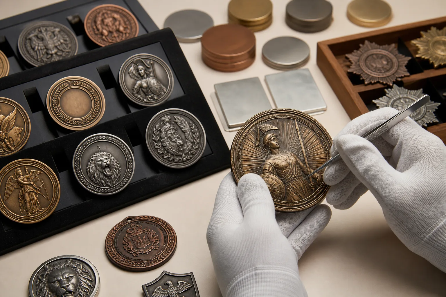 Antique bronze and antique silver coins reveal relief depth and aged metal character