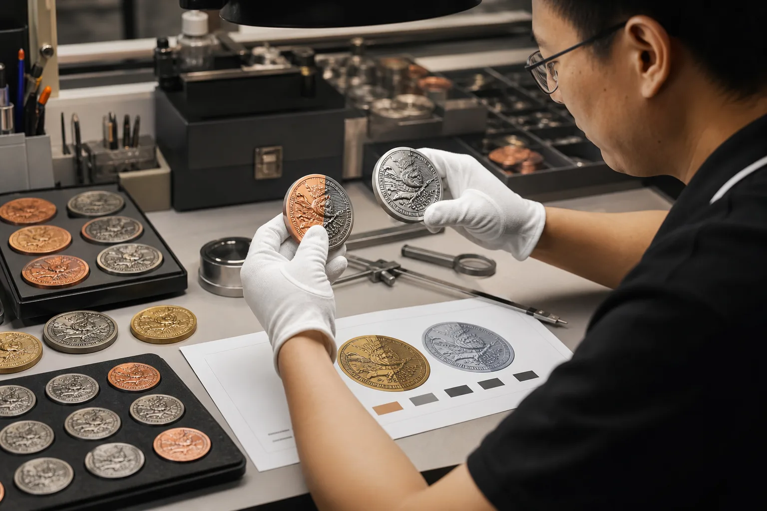 Technician reviews dual-plated coin boundaries against marked artwork before tooling