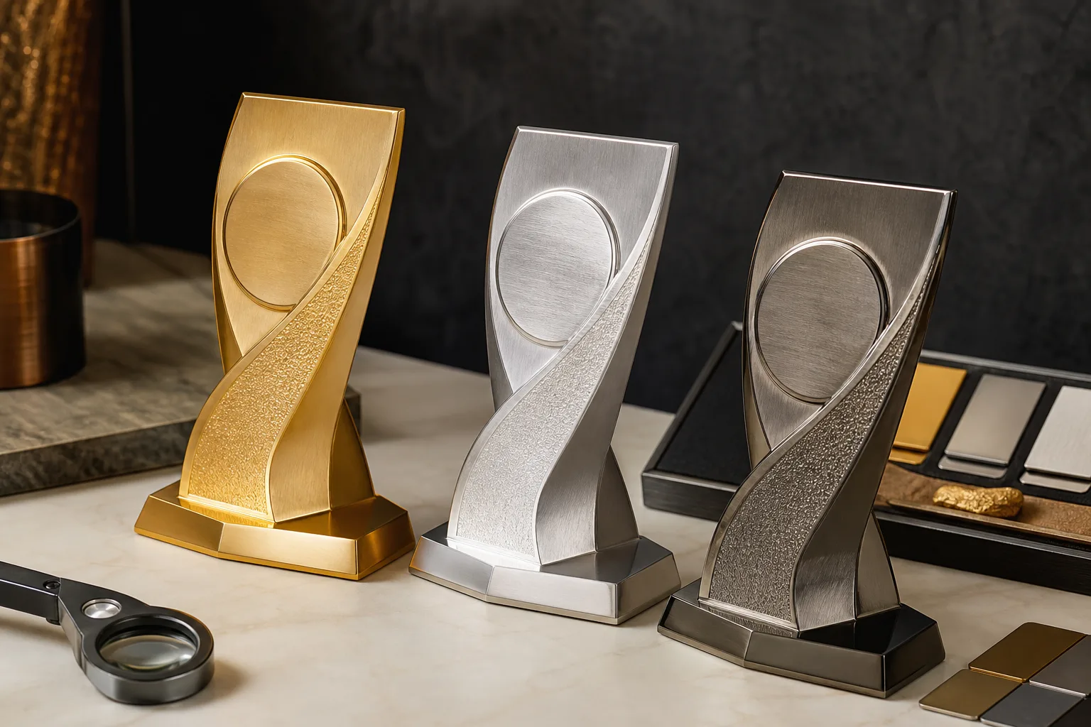 Gold silver and nickel plated award samples showing distinct metallic color directions