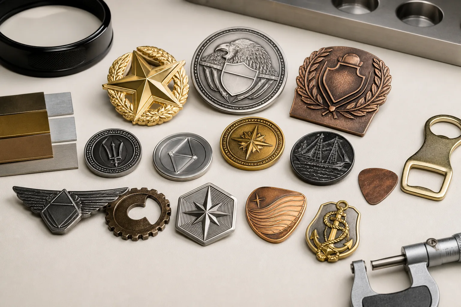Custom metal plating capabilities displayed across varied awards and promotional products