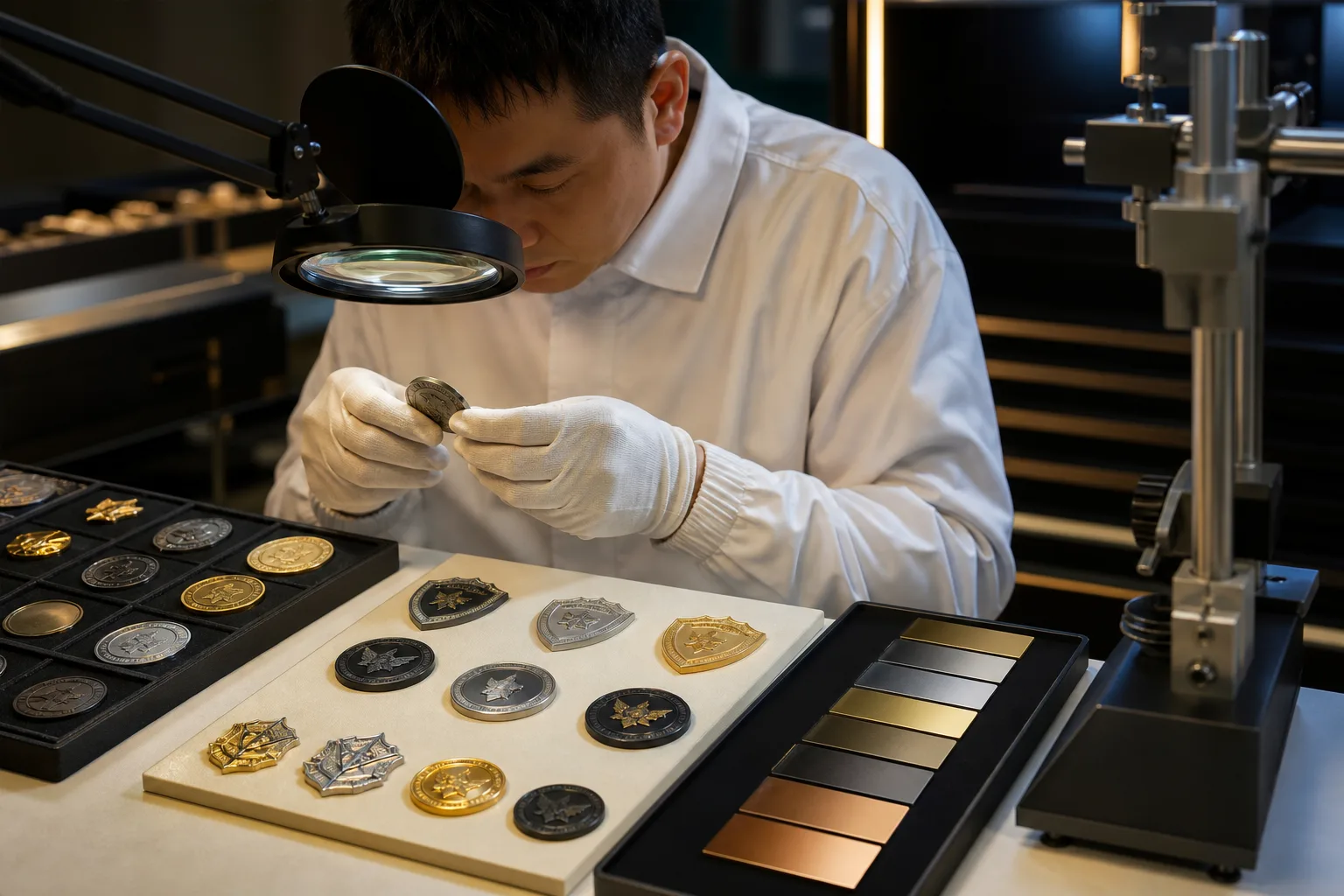 Quality technician inspects plated metal samples for color difference and adhesion