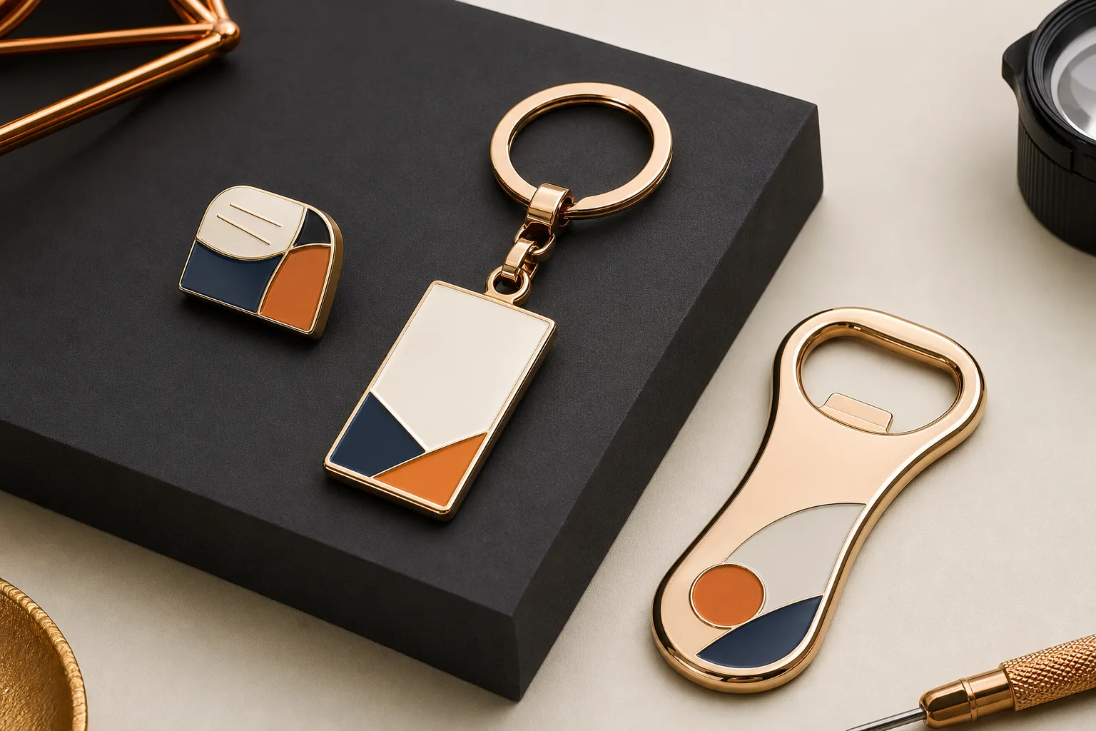 Unbranded metal pin, keychain and bottle opener arranged for brand campaign distribution