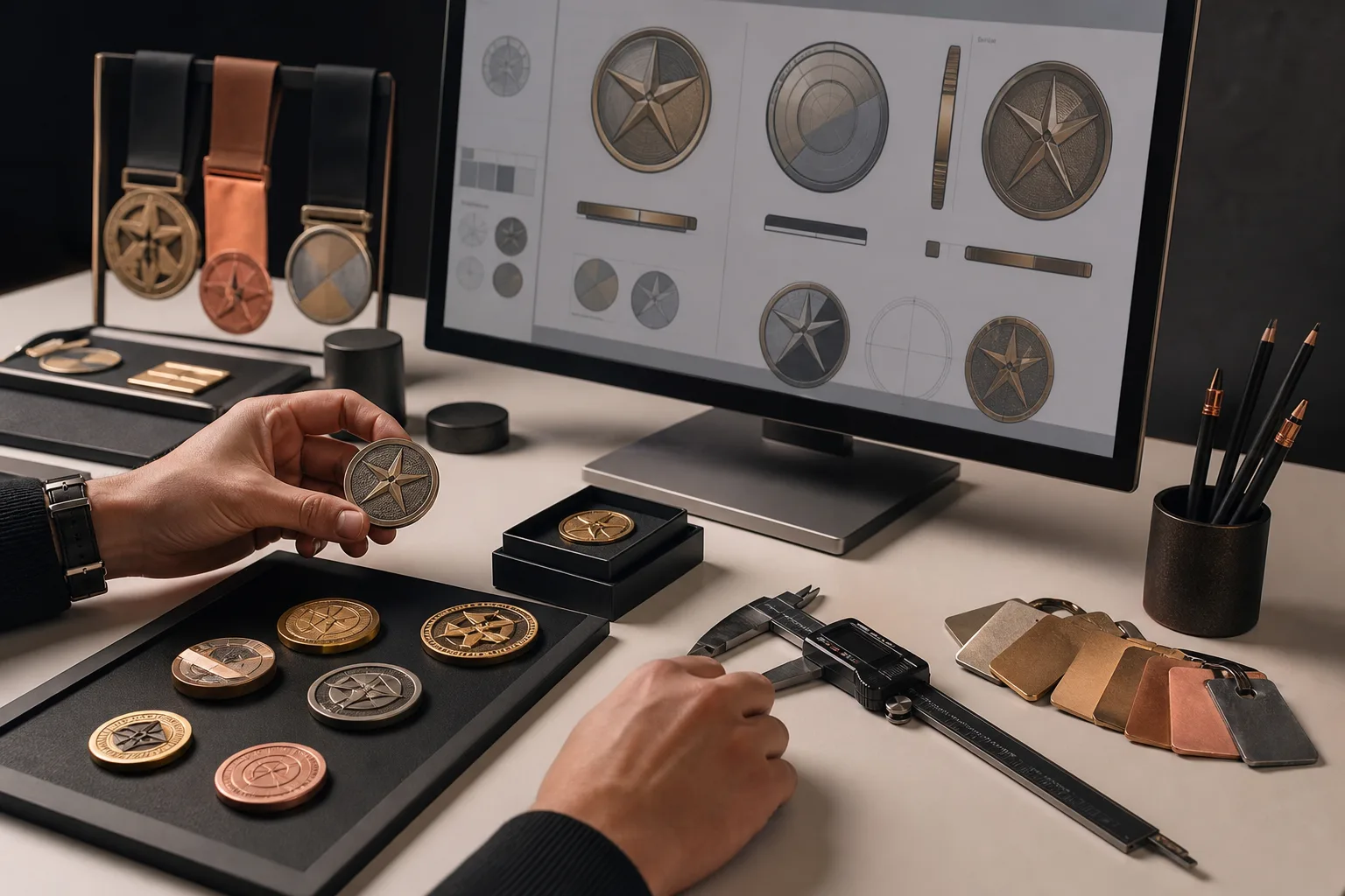 Designer reviewing custom metal product proof alongside samples, finish swatches and packaging