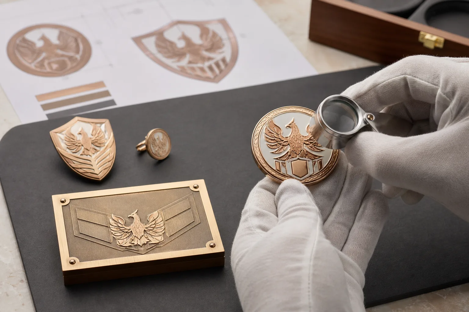 Official-style metal recognition products receiving detailed emblem and wording inspection before approval
