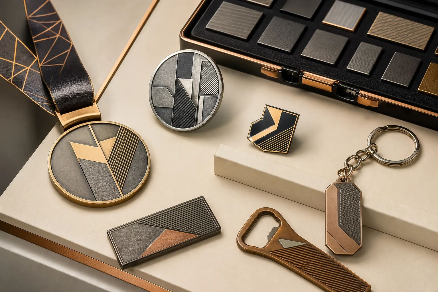 Custom metal product applications displayed across medals, coins, pins, plaques and promotional items