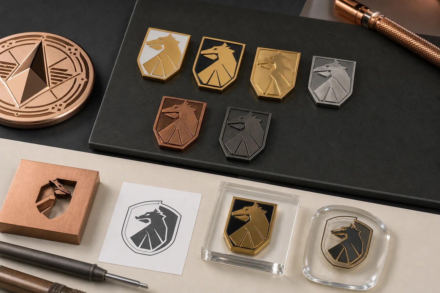 Metal finish samples comparing enamel colors, plating tones, print, and clear epoxy