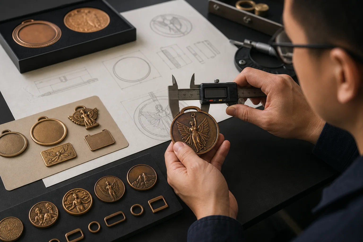 Caliper inspection of medal dimensions beside raised and recessed relief samples