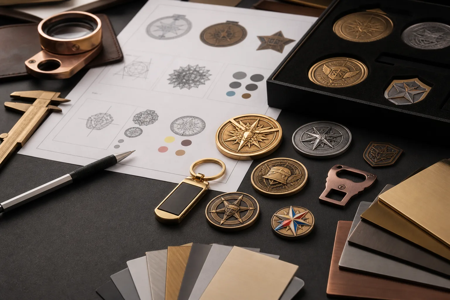 Technical artwork proofs beside finished custom medals, pins, and challenge coins
